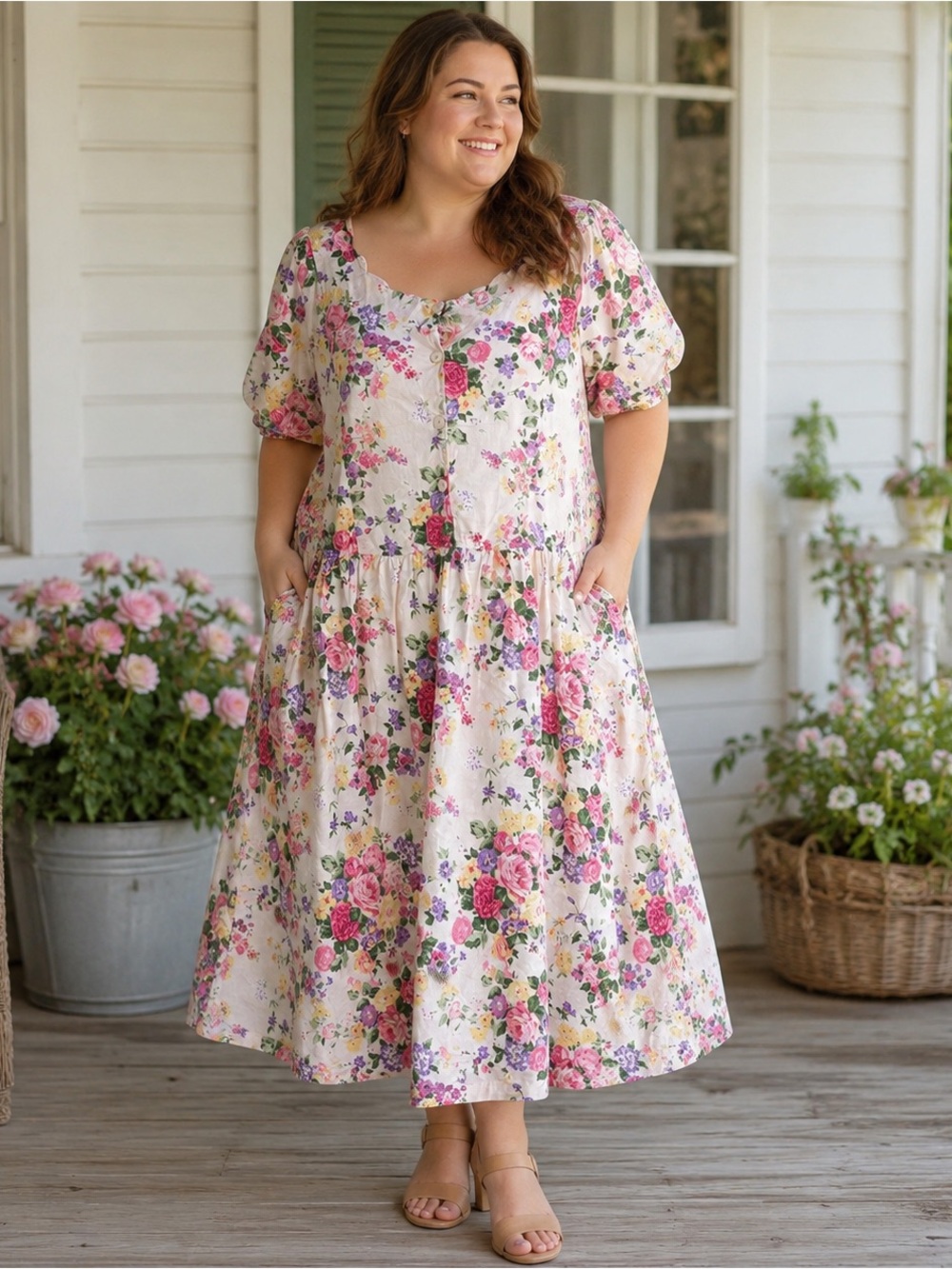 La Cera Women’s Large Cotton Floral Midi Dress Cottagecore Button Front Pockets